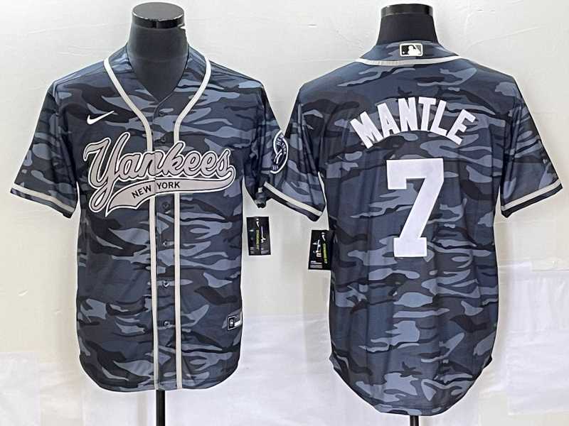 Mens New York Yankees #7 Mickey Mantle Grey Camo Cool Base With Patch Stitched Baseball Jerseys